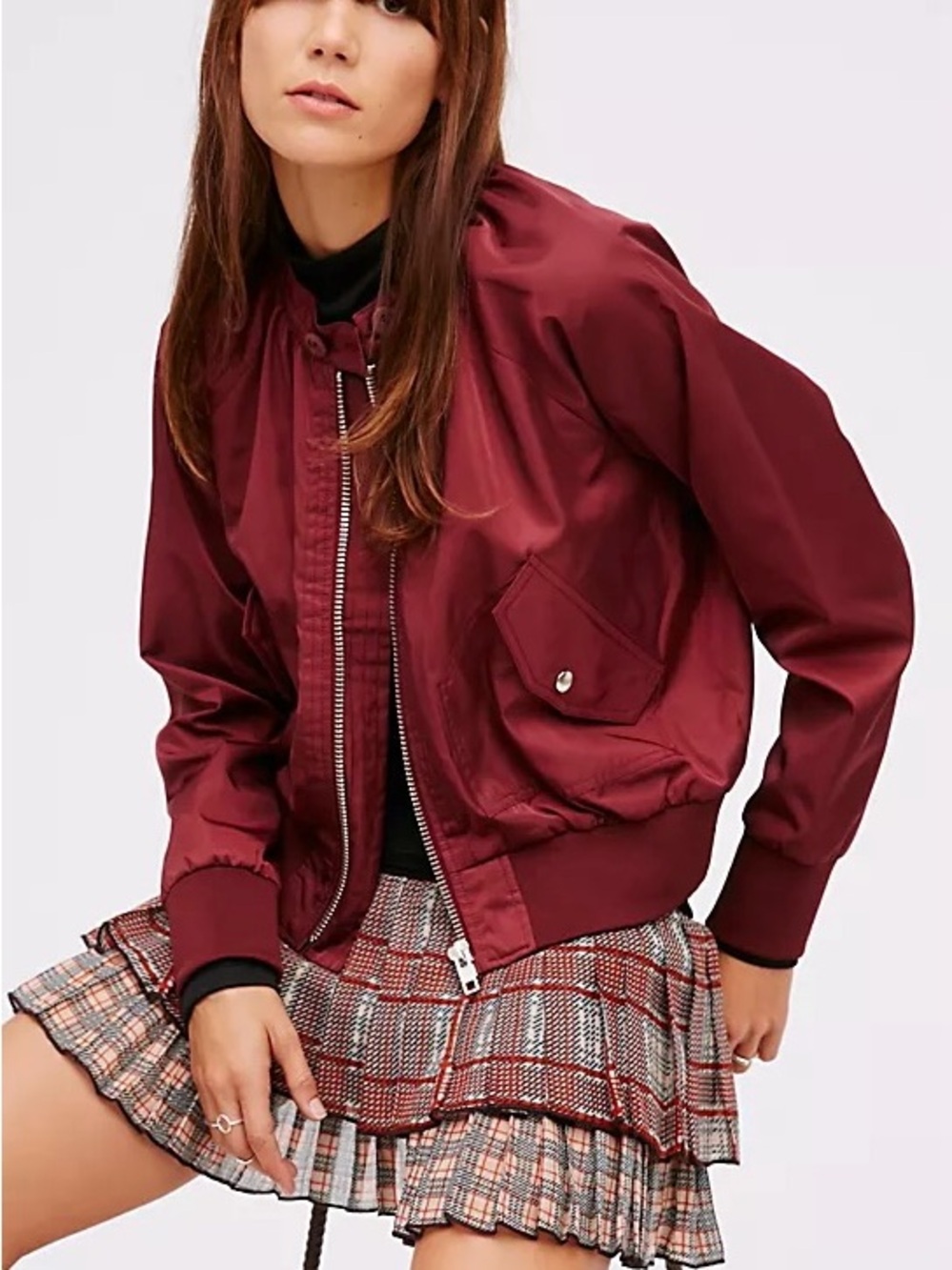 Free People Midnight Bomber Jacket S Burgundy Satin Cropped Utility Moto Y2K